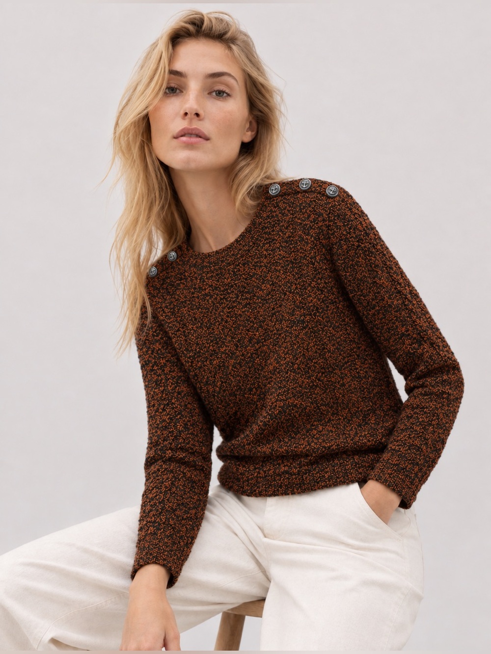 Madewell Marled Orange and Black Crewneck Anchor Button Sweater